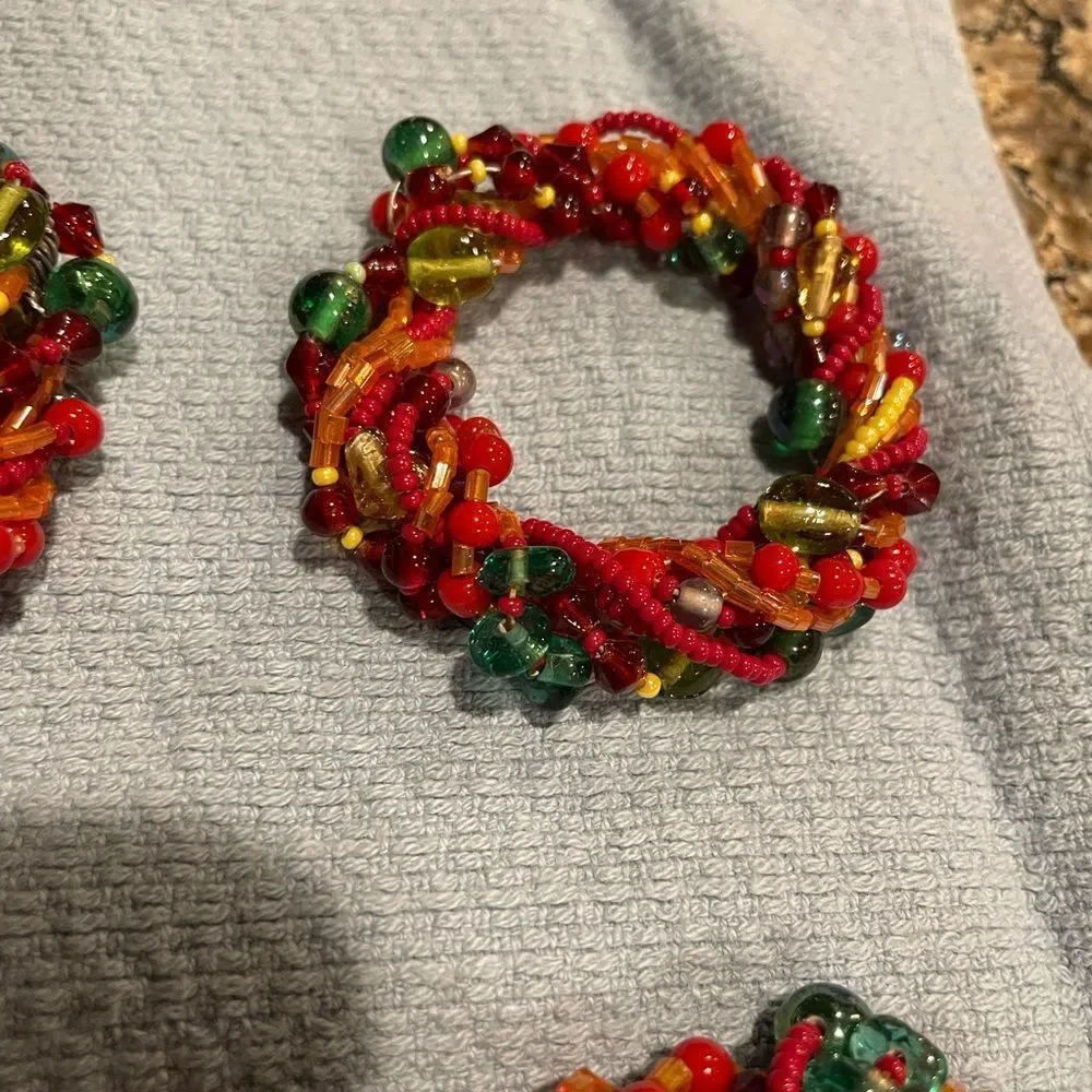 Green Glass Silver Wire Napkin Rings Red Orange Glass Beads Napkin Rings 16 TTL